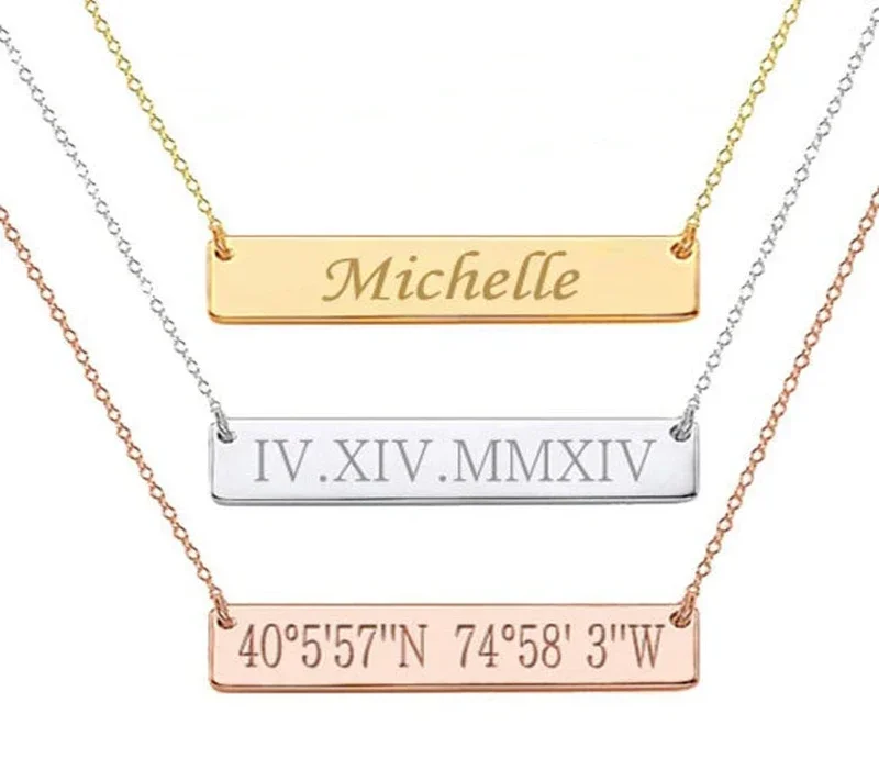 Customized Personality Engraved Coordinate Name Date Stainless Steel Mantra Chain Bar Necklace Pendant Men Women Gifts