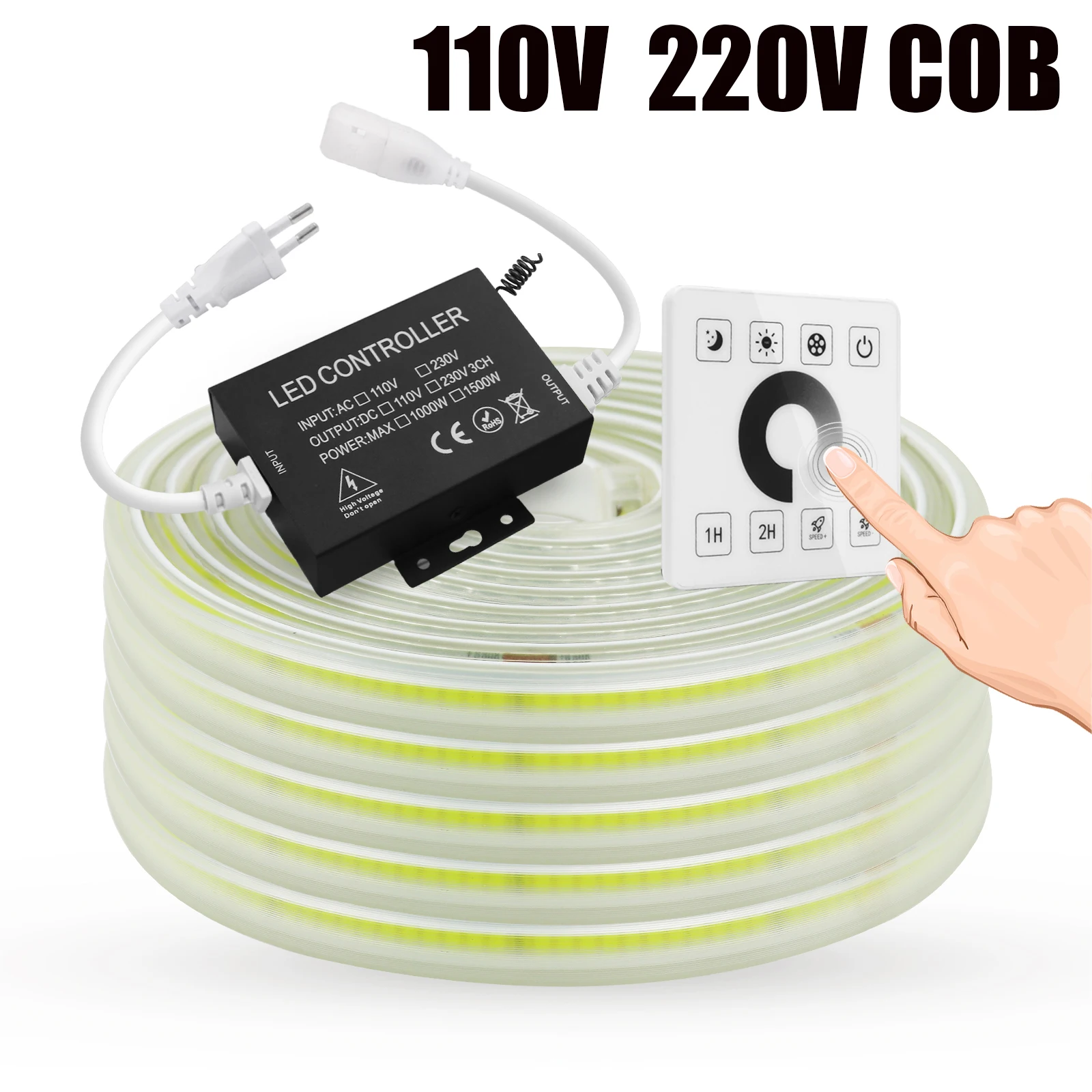 AC 110V 220V COB Strip IP65 Waterproof With Wall Touch Remote Dimmerable Flexible Ribbon Stripe Chain Tape LED Light