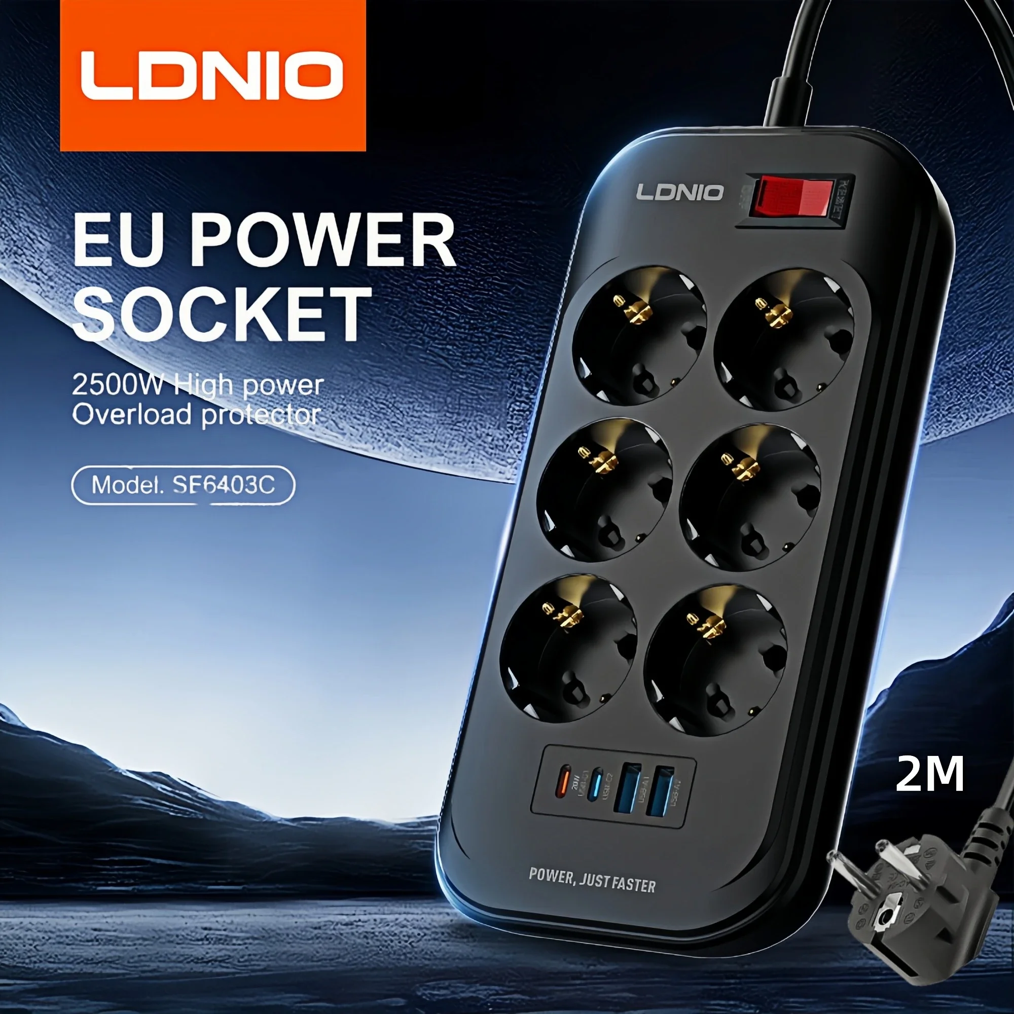 LDNIO 6 EU Outlets Power Strip 20W 4 USB Charger High Power Overload Protection Switch Home Office Multi Port Extension Cable 2M