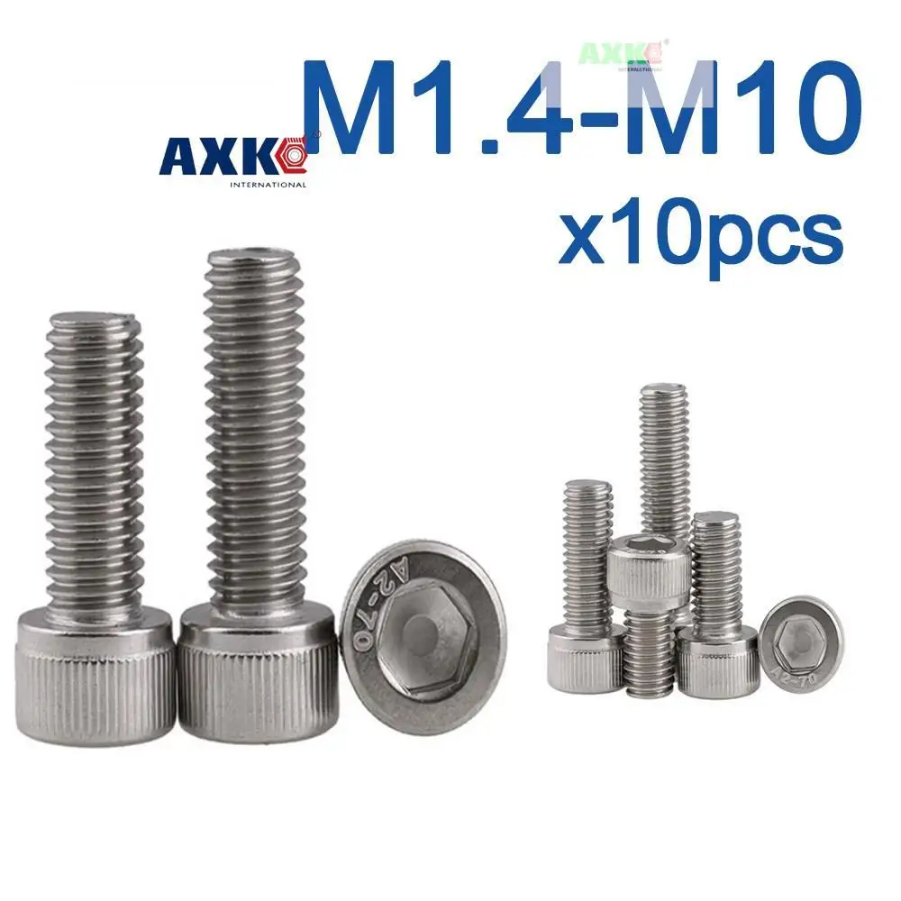 10 pcs Hexagon Hex Socket Cap Head Screw M1.4 M1.6 M2 M2.5 M3 M4 M5 M6 M8 M10 Stainless Steel Allen Bolt DIN912