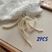 

Large Size Elegant Pearl Bow Hair Ties, Cute Ribbon Bow Elastic Hair Bands for Women Girls Sweet Hair Accessories