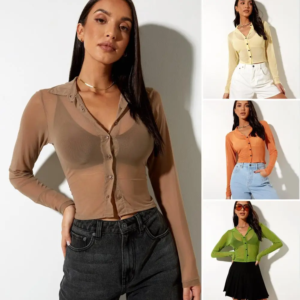 Turn-Down Collar Long Sleeve Buttons Placket Mesh Cardigan Summer See-through Navel Exposed Cardigan Top Daily Clothing