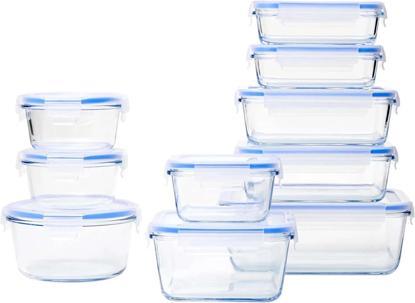 

Amazon Basics 20-Piece Glass Food Storage Containers, 10 Count of Bases and Plastic Lids, Transparent, Blue