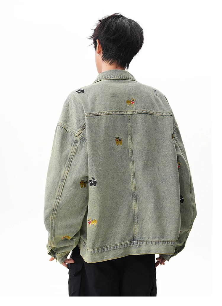 2025 الربيع والخريف جديد الرجال الأسود الكرتون جرو المطرزة غسلها الدنيم سترة الرجعية فضفاضة عادية رمادي داكن الأزرق سترة