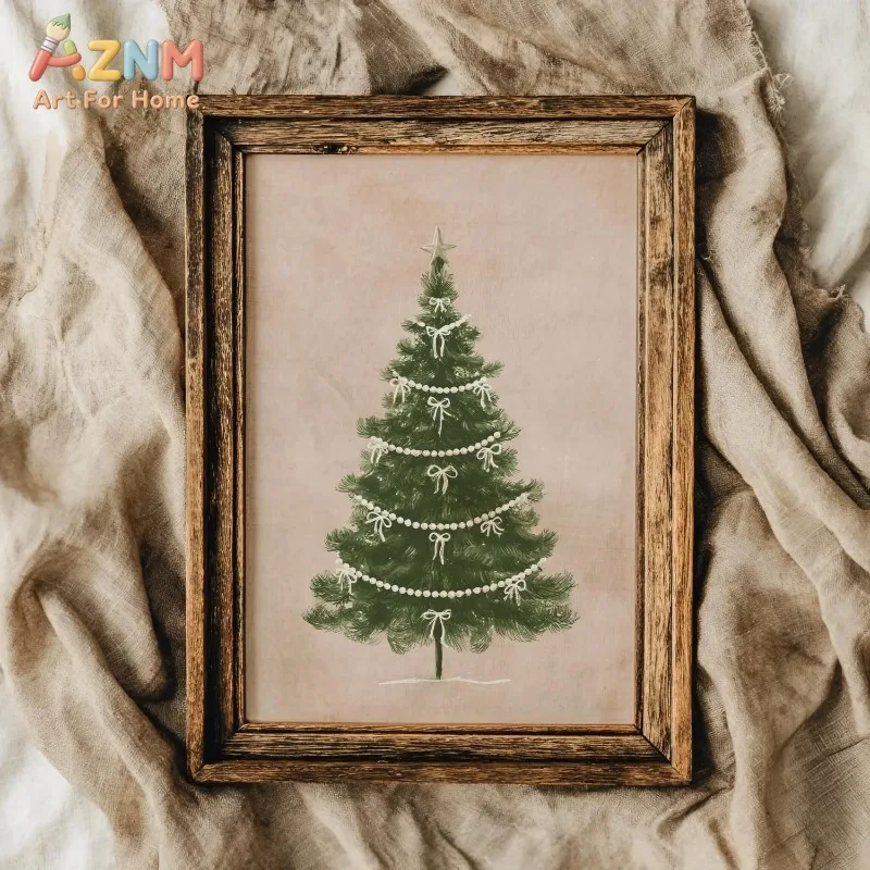Christmas Tree Canvas Wall Art Bow Pearl Garland Design Simple Elegant Xmas Holiday Home Wall Print Unframed Canvas Poster