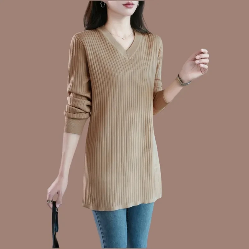 NEW Spring Autumn Large Size Knitted Sweater Women\'s Casual Loose V-Neck Long Knitwear Loose Solid Stretch Female Jumper Top 5XL