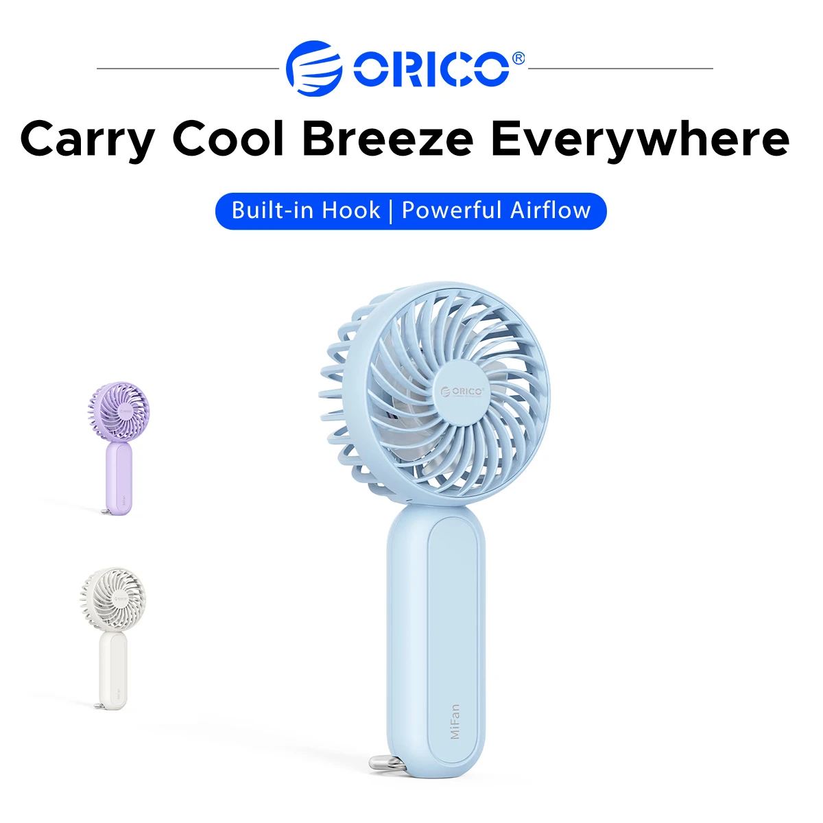 ORICO Mini Handheld Fan Portable 93g Pocket Fan Type-C Rechargeable 3 Speed Small Cooling Fan with Hook for Outdoor Travel