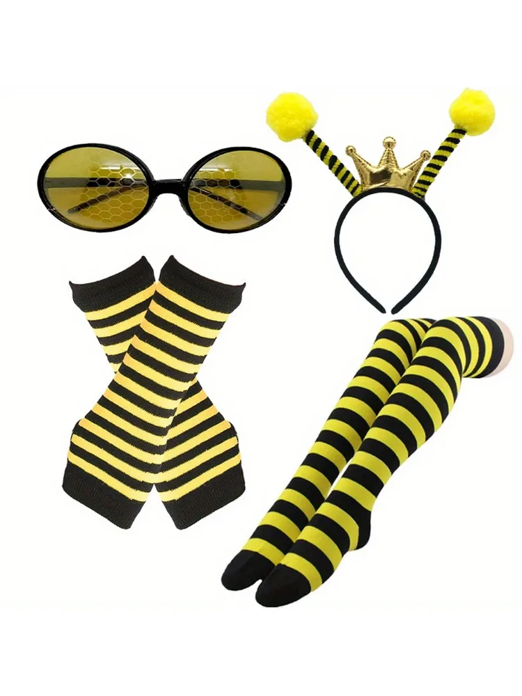 PESENAR Bee Costume Consists of a Female Cosplay Party with Yellow Striped Headwear, Warm Socks, Glasses and Long Sleeves