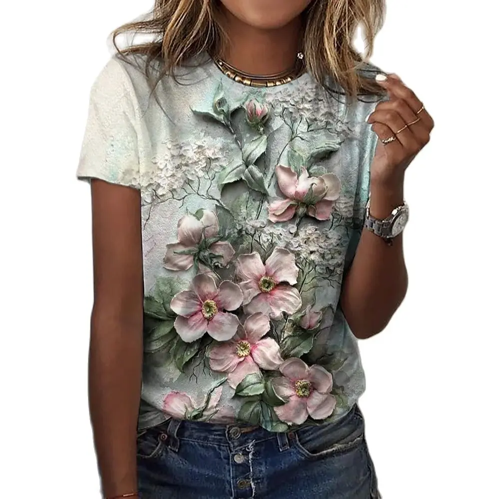 Camiseta con estampado Floral para mujer, ropa Harajuku con cuello redondo, Jersey de algodón con estampado 3D, camisetas de manga corta, ropa de