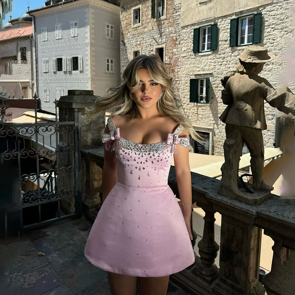 

Custom Made Sweety Spaghetti Straps Short Mini Prom Party Dress Beading Shiny Bow Birthday Dress Sheath Cocktail Dress robes de