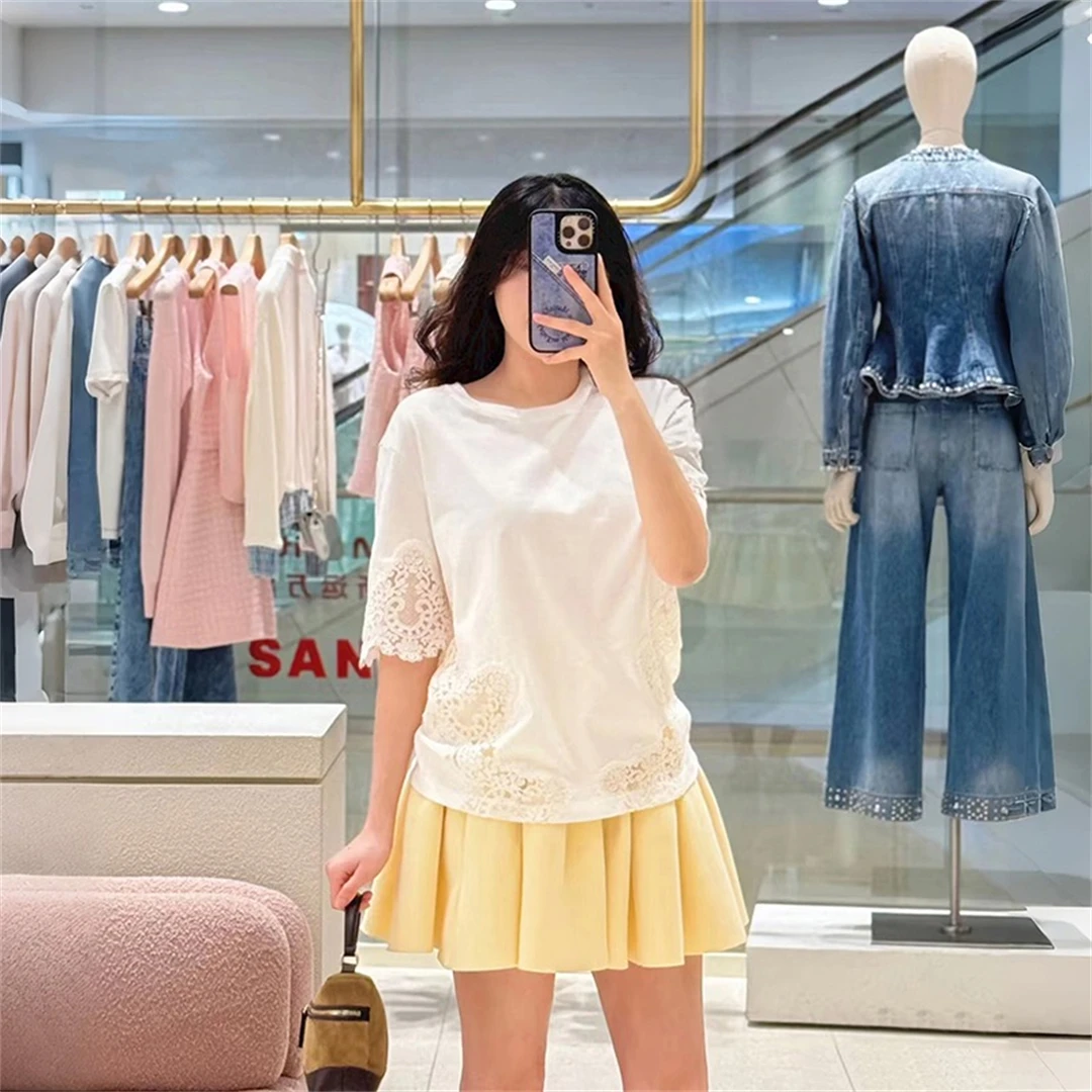 

French Lace Trim T-Shirt White Short Sleeve Versatile Simple Design Spring 2026 Cotton Breathable Comfortable round Neck Top