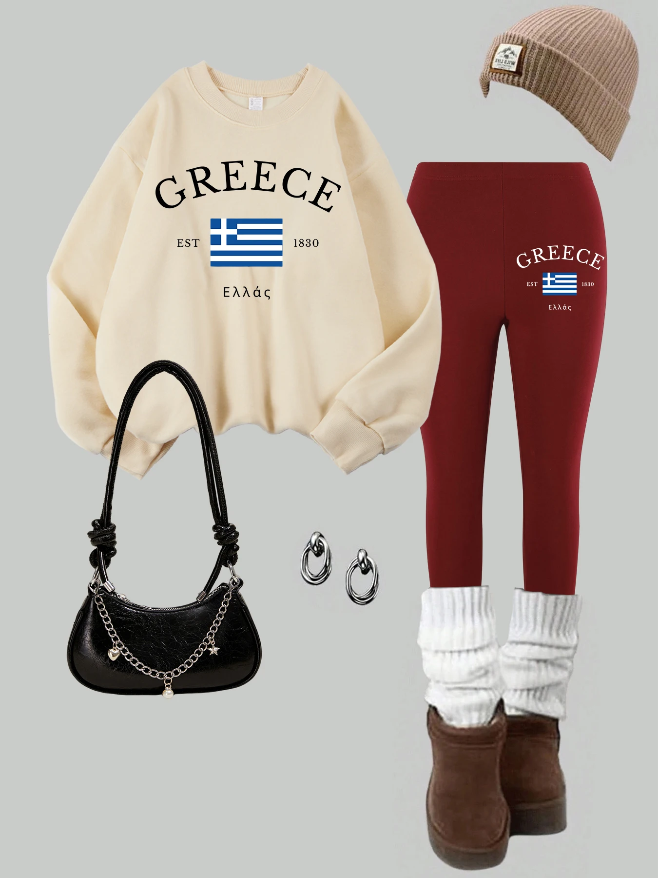 

2 Piece Womens Greece Flag Est 1830 Prints Sweatshirt Leggings Set Fashion Fleece Thermal Hoodie Pants Autumn Womans Clothes