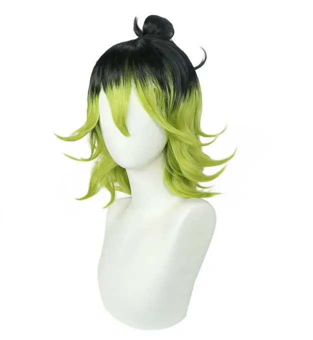 14 inch Medium Length Black to Green Ombre Flip Wavy Cosplay Wig with Bangs for Halloween Christmas School