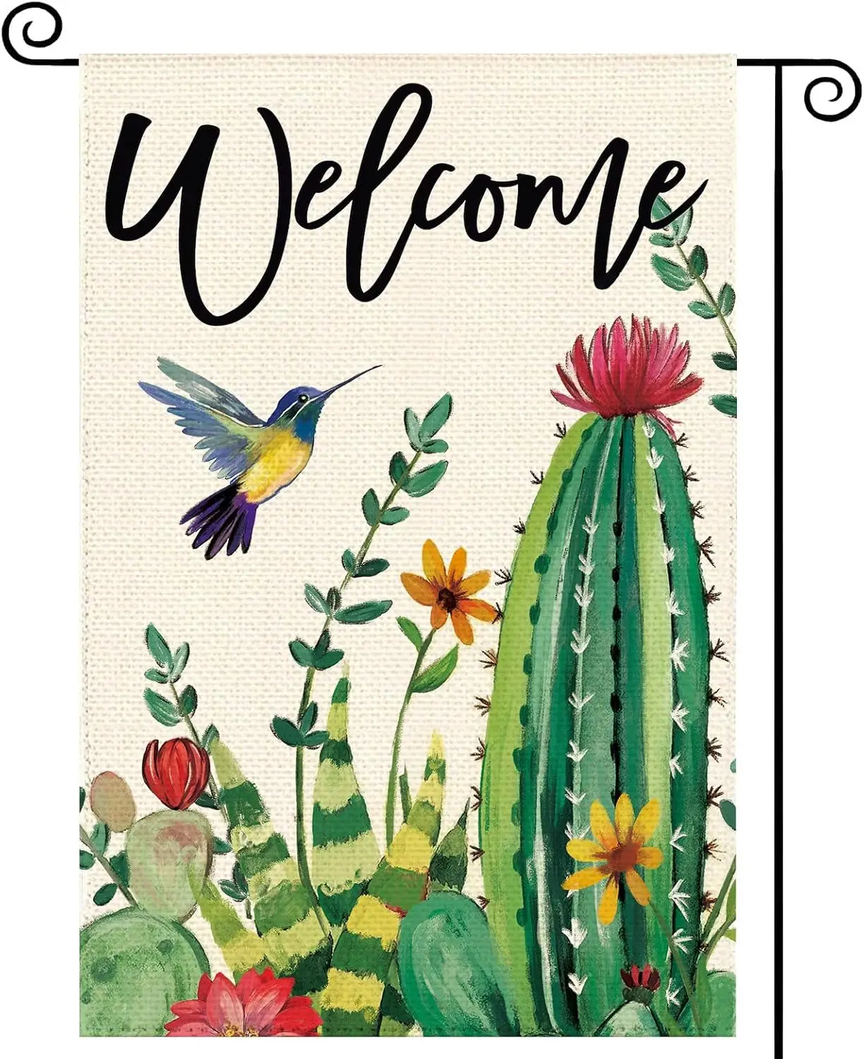 Summer Cactus Floral Welcome Garden Flag 12 x 18 Inch Double Sided, Hummingbird Desert Plant Farmhouse Burlap Small Yard Fla SSL