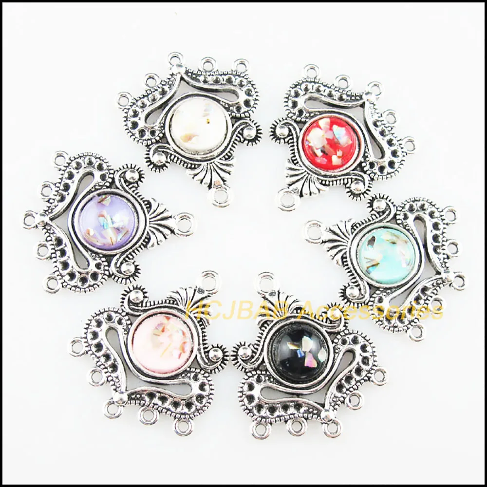 6 New Heart Flower Resin Connectors Shivering Mixed Charms Tibetan Silver 26x31mm