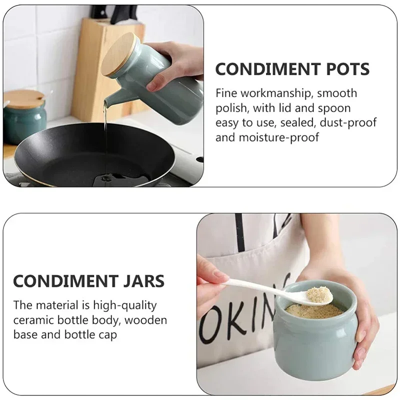 Household Kitchen Seasoning Tank Simple and Solid Color Ceramic Salt Tank Oil Bottle Seasoning Tank Set Bamboo Board Base Set