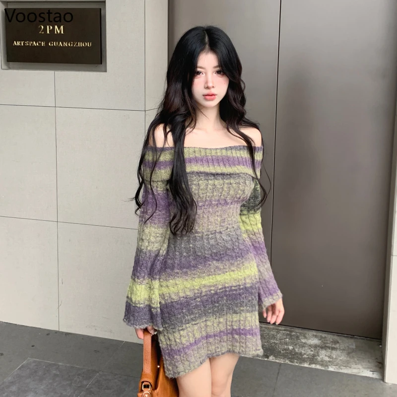 Autumn Winter Off Shoulder Knitted Dress Women Korean Style Mini Corset Dresses Gyaru Sexy Tie Dye Long Sleeve Bodycon Sweater