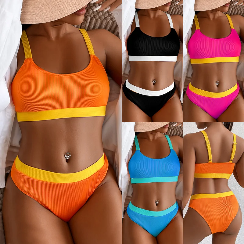 

High Waist Two-Piece Suits Strip Contrast Stitching Vest Split Swimsuit Women's Plus Size Swimwear Female Beach Surf Clothing