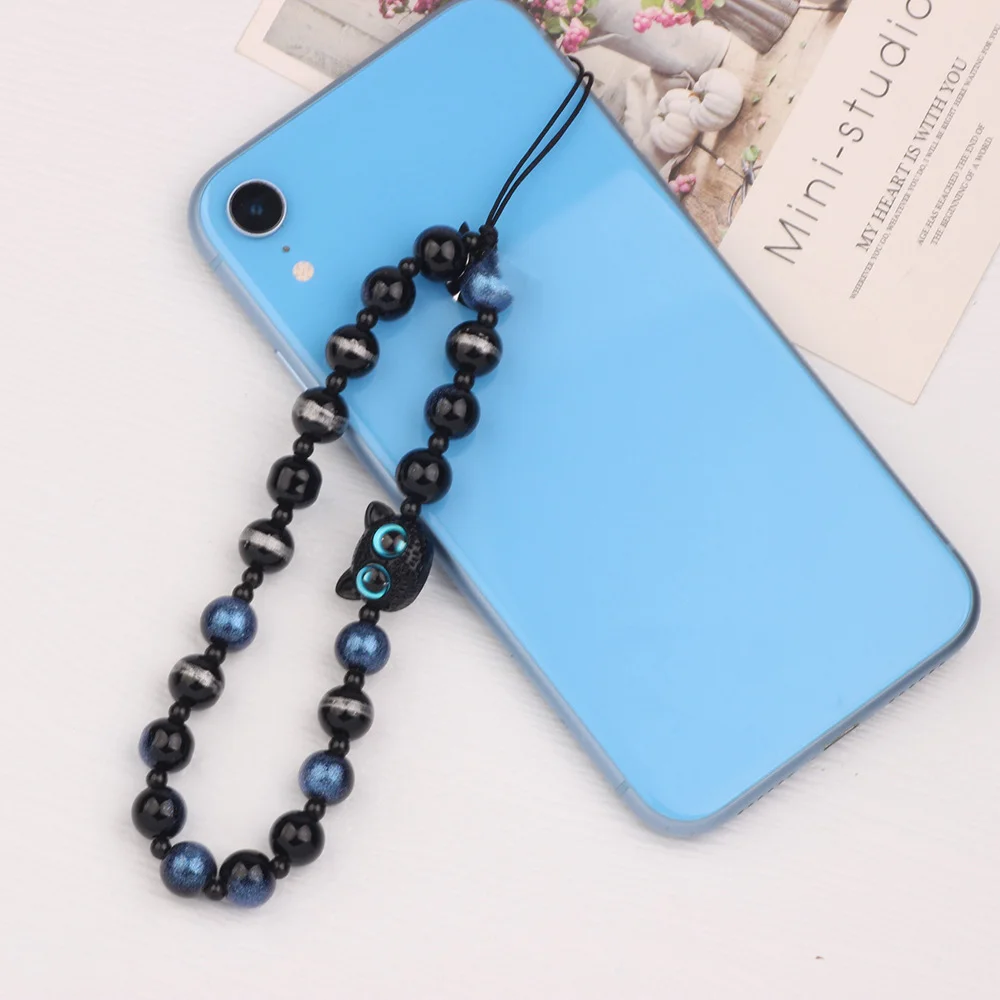 Creative Cat Cute Cat Phone Chain Beaded Wrist Strap Beaded Phone Strap Blue Decoration Mobile Phone Lanyard Girls Women