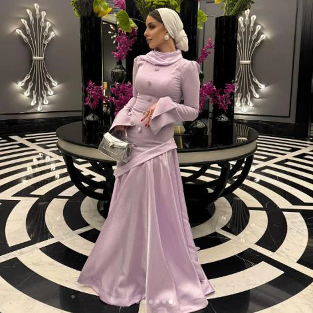 カスタムヒジャブイブニングドレス2025 Oネックロングスリーブマーメイドアビエプロムガウンサテンロングドレス