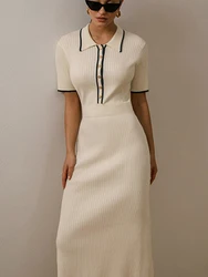 Women's White Knit Maxi Dress, Short Sleeve, Patchwork, Elegant Party Dress, Knitwear Lapel, High Street, Fashion