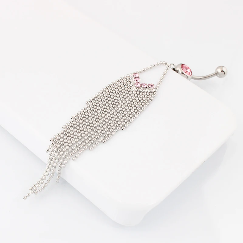 Body Jewelry  Women Belly Button Ring Tassel Chain Fashion Lady Piercing Jewelry Navel Ring 14G 316L Surgical Steel Clear Pink