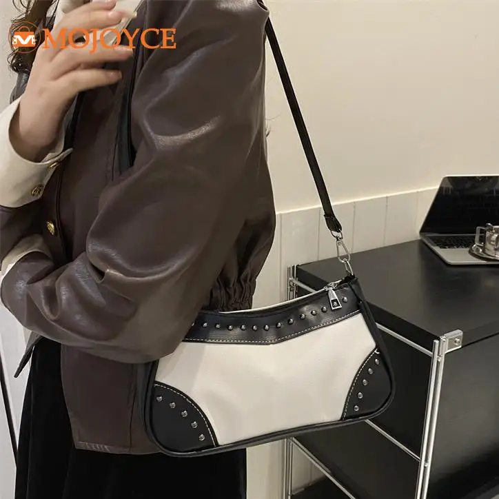 Vintage PU Leather Handbag Y2K Women's Armpir Purses Fashion Rivet Shoulder Bag Designer Underarm Bag Girls Dating Crossbody Bag