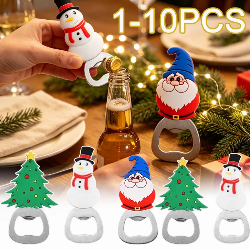 1-10PCS Christmas Bottle Openers Santa Claus Snowman Silicone Stainless Steel Openers Holiday Party Decor for Kitchen Bar