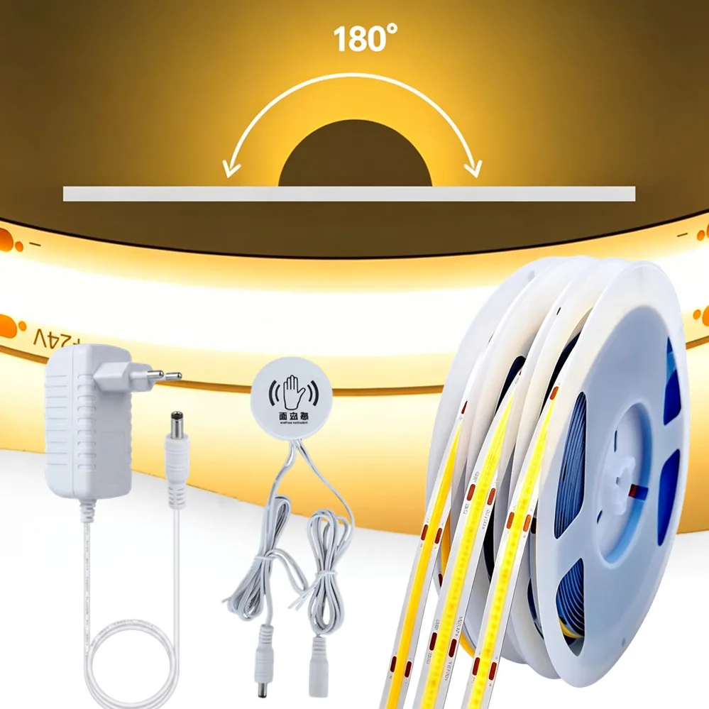 100V-240V Touch Dimmer and Hand Sweep Induction Switch Flexible COB LED Strip Light 12V 320 LEDs/M LED Light Tape Lighting