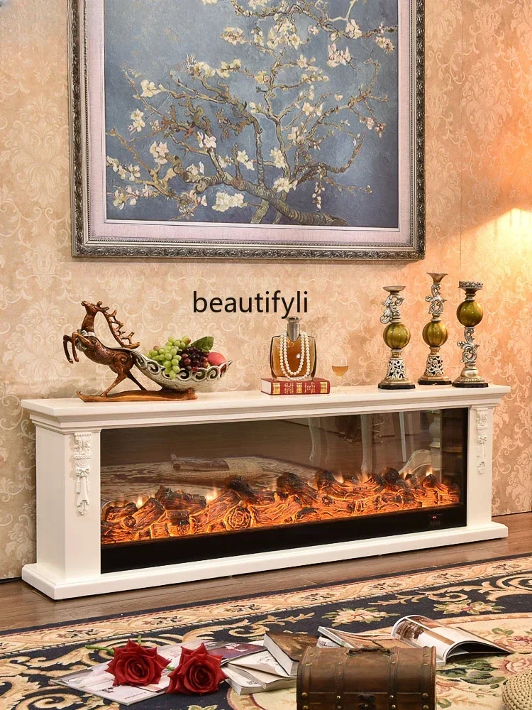 

European TV Cabinet Fireplace Mantel Living Room Curio Cabinet Ivory White Electric Fireplace Decoration