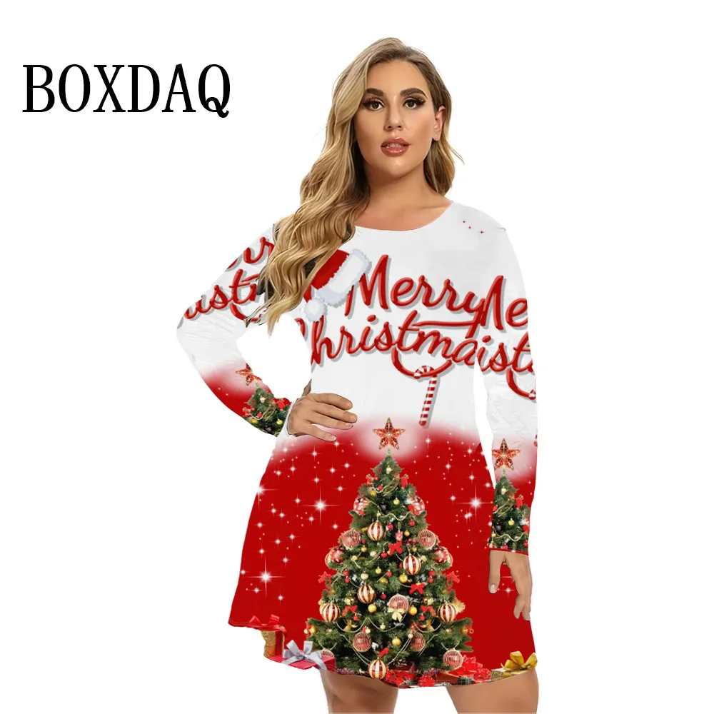 Christmas Tree Print Dresses For Women 2024 Autumn Winter New Fashion Elegant Long Sleeve Party A-Line Dress Loose Plus Size 9XL