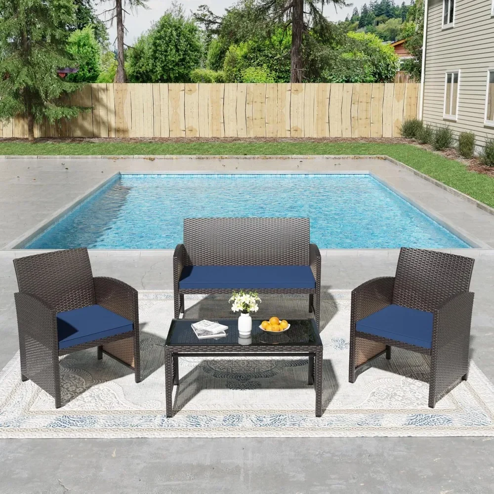 

4 Piece Patio Furniture Set, Outdoor Wicker Conversation Set with Cushions & Glass Tabletop