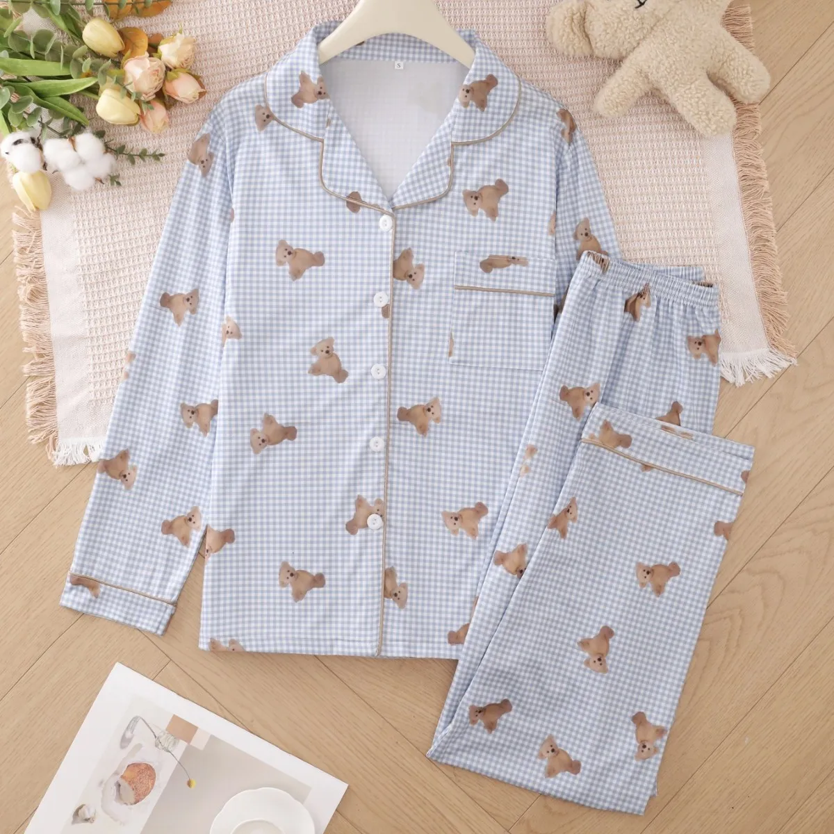 

Женская пижама с длинными рукавами и отложным воротником, повседневная, удобная, дышащая, коллекция 2026 года