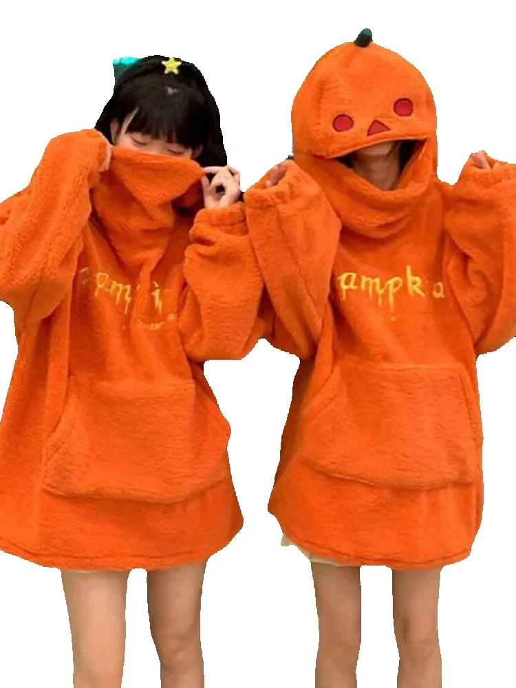 

Halloween Pumpkin Head Lamb Fleece Hoodies Women Casual Oversize Long Sleeved Pullover Hooded Female Autumn Winter Party Tops