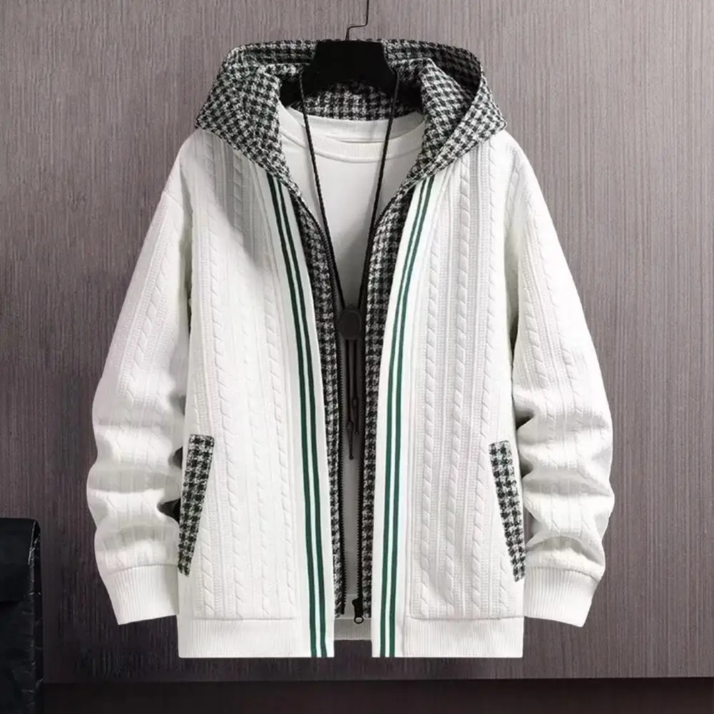 

Plaid Pattern Outerwear Men's Plaid Print Hooded Winter Coat with Zipper Closure Elastic Cuff Pockets Waffle Fabric Coat