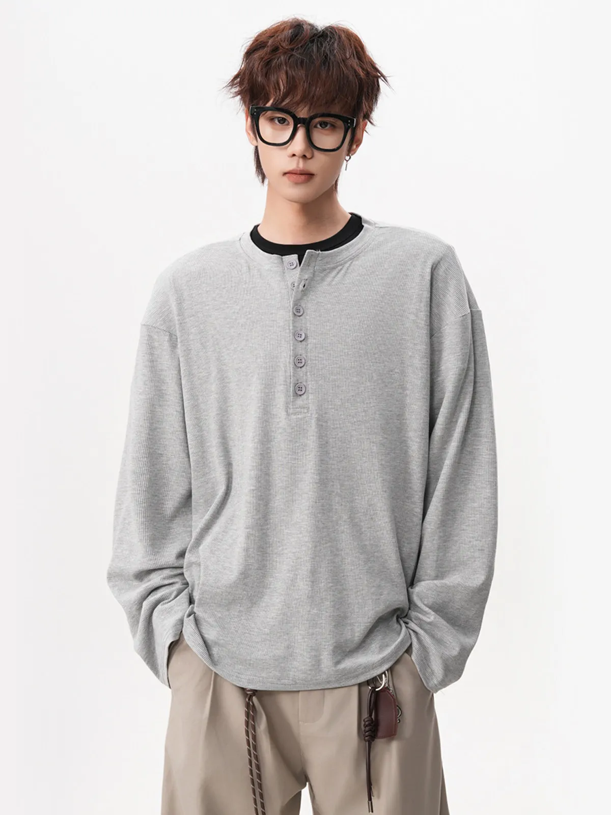 Men's American Vintage Relaxed Fit Long Sleeve Henley T-Shirt Loose Casual Couple Base Layer Top Spring Autumn Winter Tee