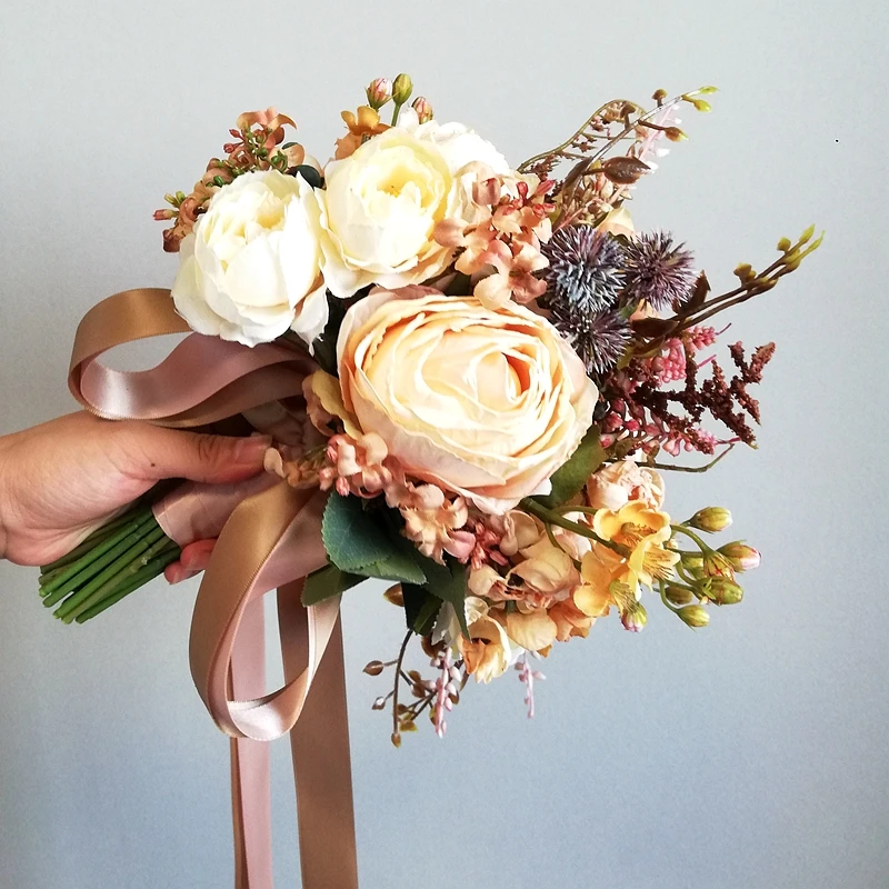 

Vintage Rose Beige Brown Poney Wedding Bouquet Nature Artificial European style curling rose Flowers bouquet for the bride