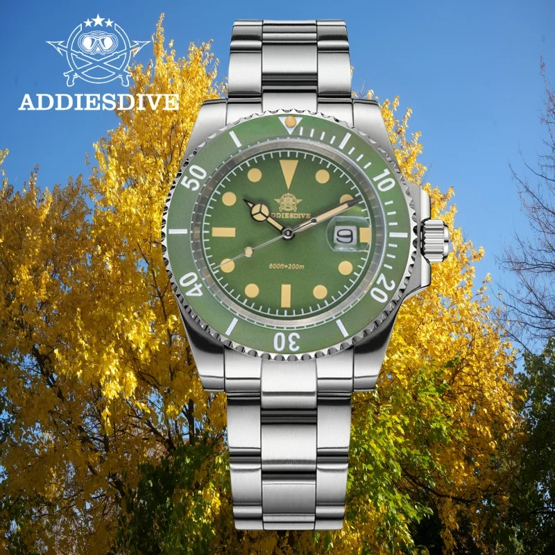 

ADDIESDIVE Men Watches Calendar Display 20Bar Waterproof Ceramic Bezel 316L Stainless Steel C3 Super Luminous Quartz Watches