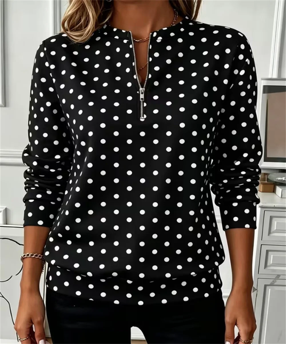 2026 Spring and Autumn women's new classic retro polka dot element printed long sleeved pullover, casual light mature style top