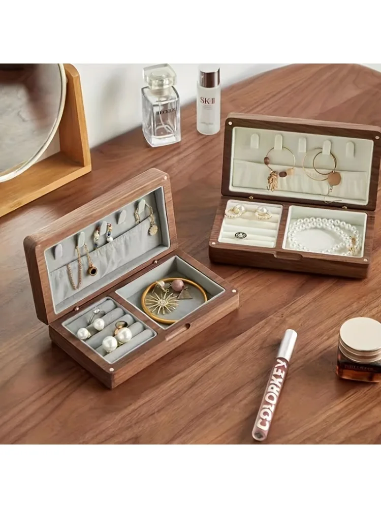صندوق مجوهرات من الخشب الصلب من خشب الجوز الأسود، منظم تخزين رائع للخواتم والأقراط والقلائد والمجوهرات الذهبية، هدية مبطنة بالمخمل