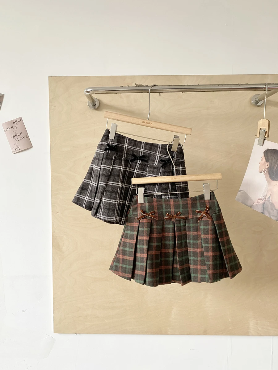 Korean Style High Waist A-Line  Skirt Women's Autumn Winter Woolen Plaid Pleated Skirt Slimming Versatile Anti-Light