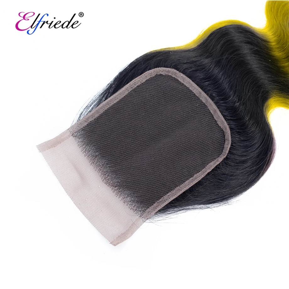 Elfriede Ombre 1B/Yellow Human Hair 3 Bundles with Closure Remy Body Wave Brazilian Hair Bundles with 4X4 Swiss Lace Closure