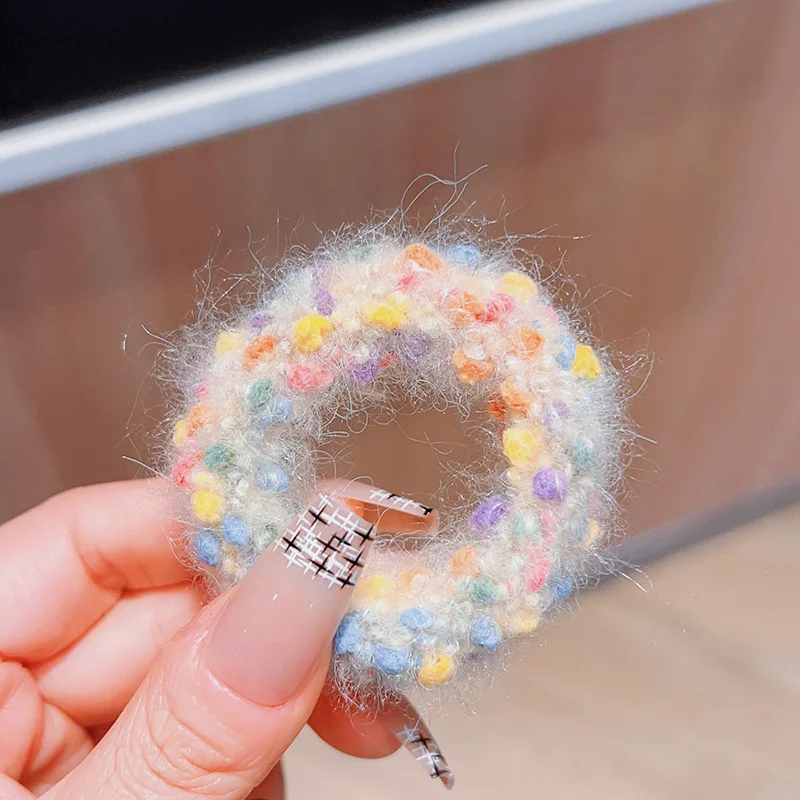 Sweet Cute Plush Elastic Hair Bands For Girls Student White Colorful Knitted Hair Ties Ropes Kawaii Ponytail Holder Headwear Gum