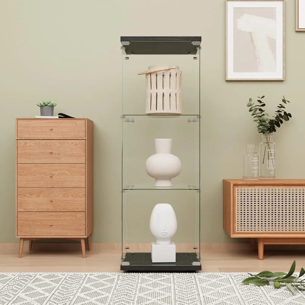 

Glass Display Cabinet 3-Shelf w/Door & Lock, Curio Cabinets Upgraded Quick-Install Style Tempered Glass Floor Standing Bookshelf