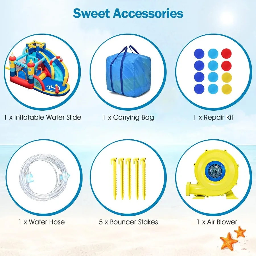 Toboganes de agua inflables, casa hinchable con temática náutica con tobogán, piscina contra salpicaduras, pared trepadora, pistola de agua, castillo de salto al aire libre