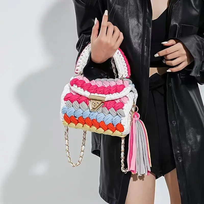 Handmade knitted bag twisted twist cloth strip crocheted chain shoulder women's bag color matching fringed decorative women