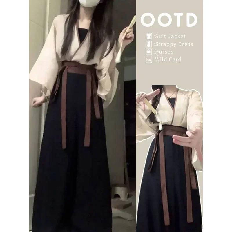 2024 Summer Improved Cotton Linen Hanfu Dress 3pcs Chinese Traditional Women's Clothing Japanese Lace Up Kimono Cosplay Heroine