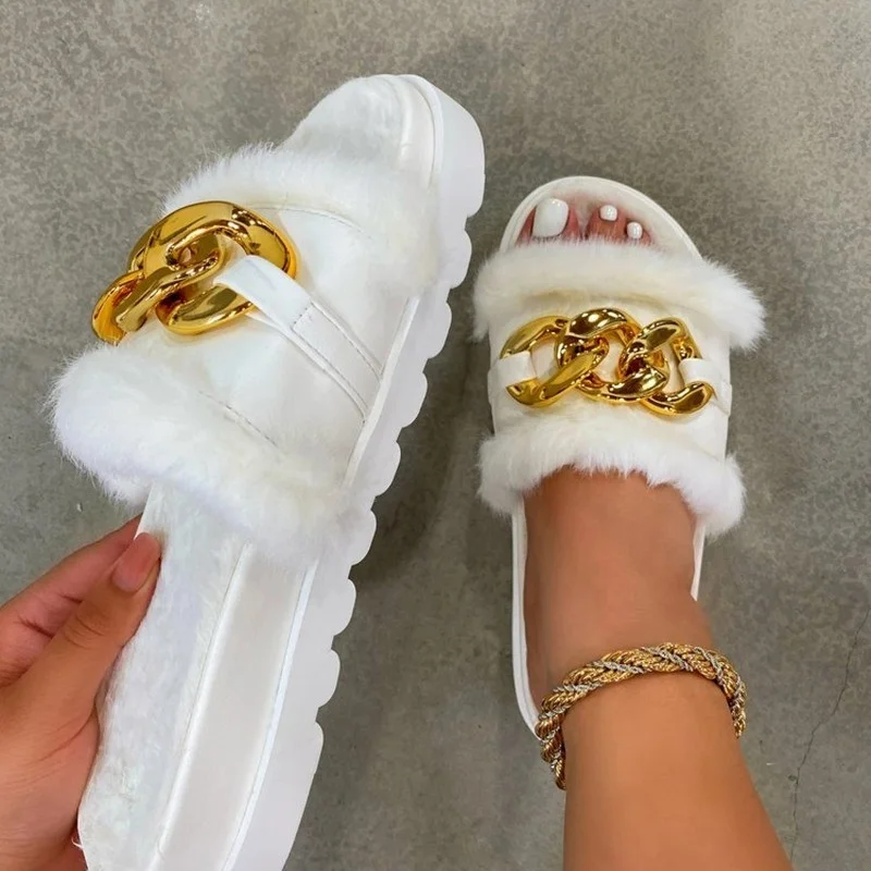 2023 Winter Plush Slippers Fashion Open Toe Solid Color Women's Sandals Metal Chain Outdoor Casual Women's Shoes  Fashion Shoes