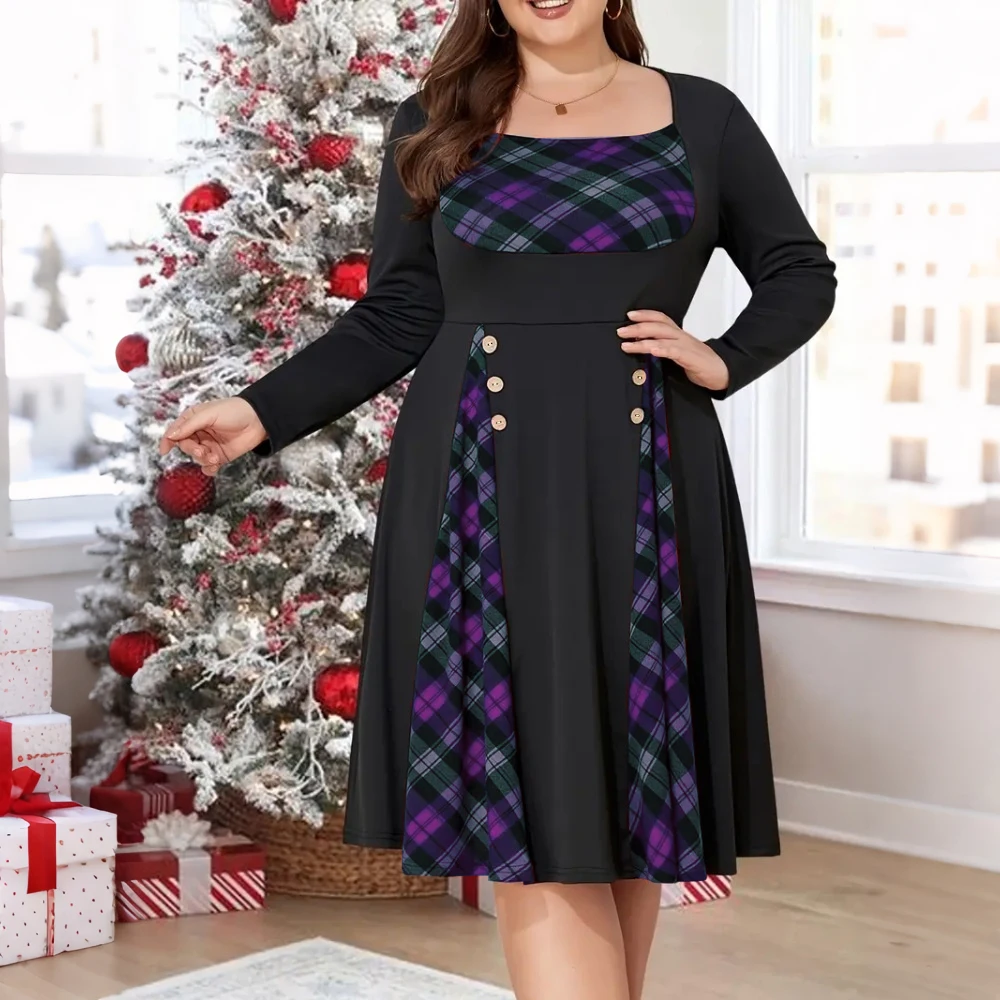 Christmas Party Women\'s Dress Plus Size Elegant Plaid Colorblock Button Vintage Festival A-line Dress Streetwear 2024 New Year