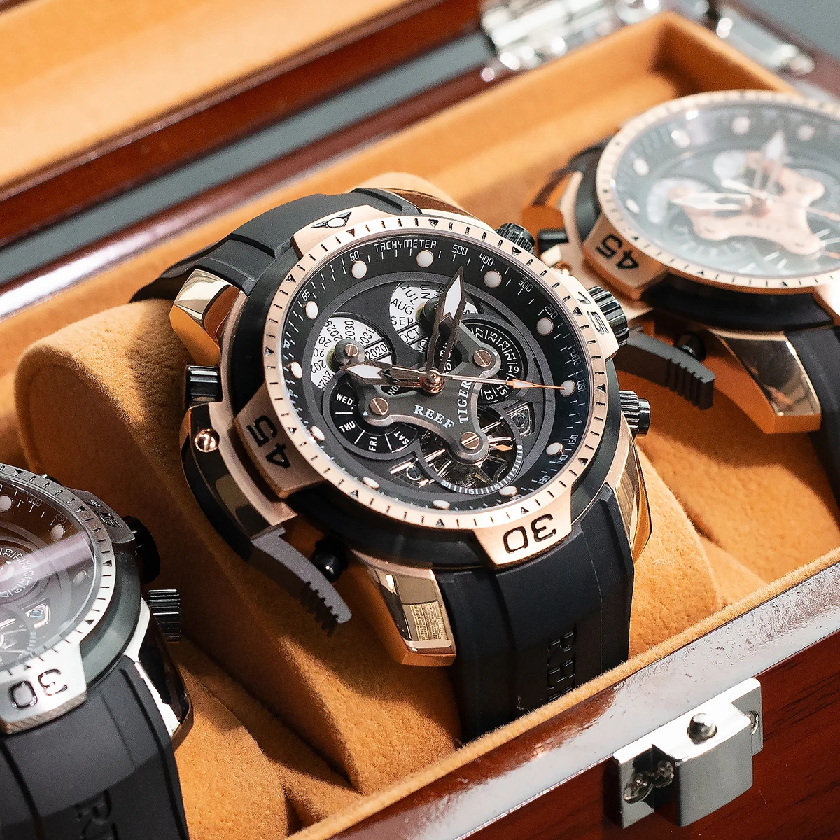 ريف تايجر/RT تريند ستايل أورورا مسدس ساعة أوتوماتيكية للرجال كاملة التقويم الغوص شريط مطاطي الميكانيكية Rejos RGA3503